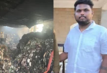 ಲಾರಿ ಕಾರಿಗೆ ಡಿಕ್ಕಿ:ಗೋದಾಮಿಗೆ ಬೆಂಕಿ ಚಾಲಕ ಸಾವು